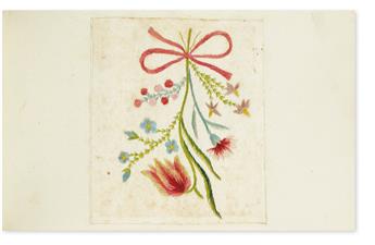 (ALBUM--18TH-CENTURY--GERMAN.) Friendship album containing approximately 50 pages of fine watercolors, embroidery, and calligraphic sen